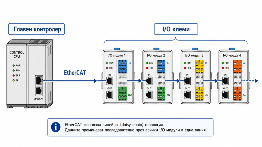 Опростена схема на EtherCAT мрежа, показваща главен контролер и серия от свързани I/O клеми